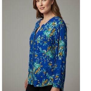 Elementz Woman Blue Floral Button Up Blouse Long Sleeve Plus Size 3X